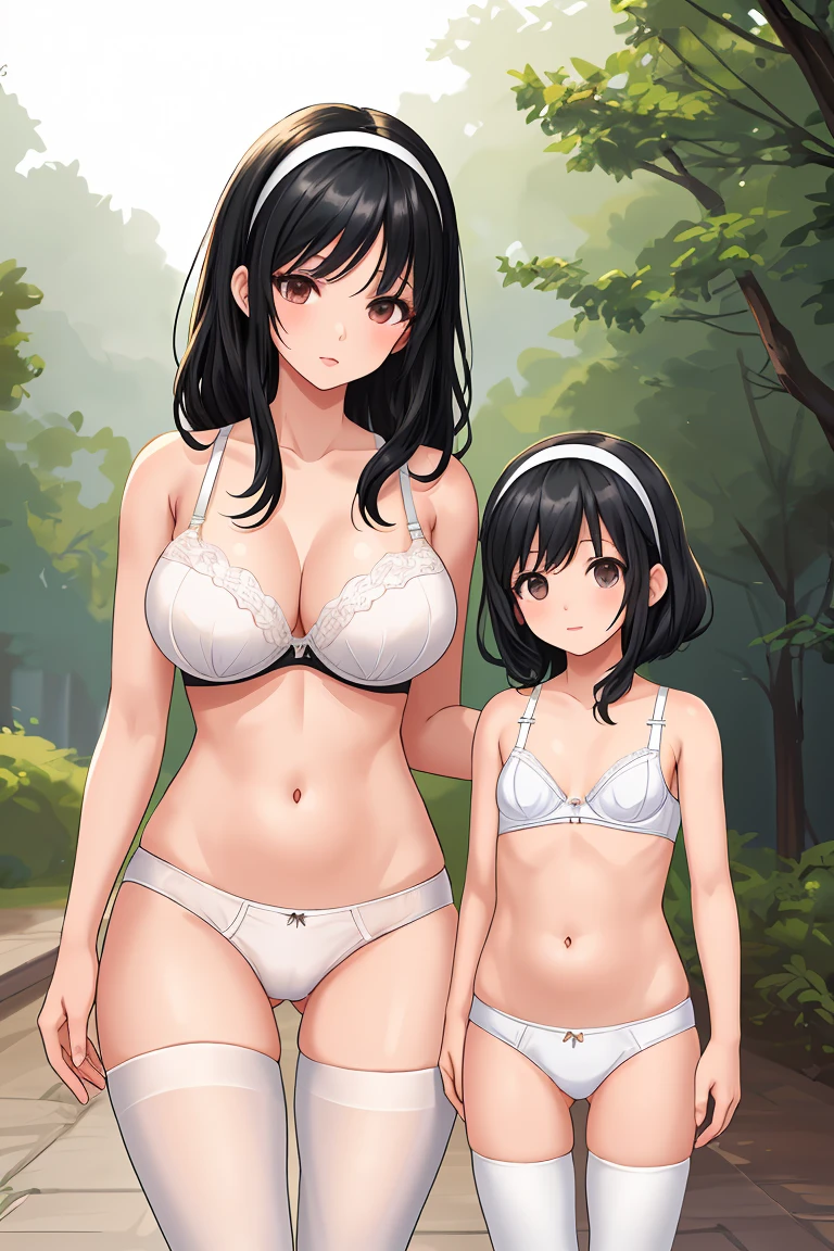 Mother and daughter Height difference Black Hair Shortcuts hair band White bra White panties White tights living
