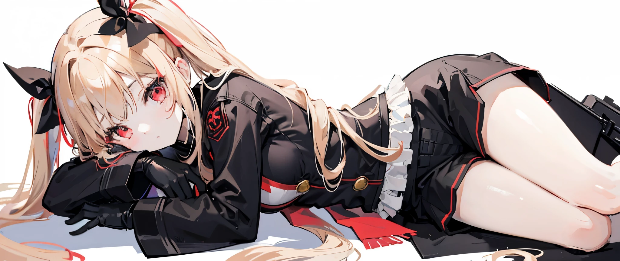 One girl、Hair colorbeige、Red eyes、Twin tails、Long Hair、Simple hair ribbon、Monochrome clothes、Large coat、Black gloves、Simple background、Shorts、lying down