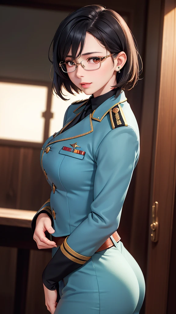 Beautiful young girl with blue short hair, A light smile, Brown eyes, hair clips, lips, Stud earrings, Semi-rimless eyewear, , Big butt but small breasts, (Highest quality,4K,8K,High resolution,masterpiece:1.2),Very detailed,(Realistic,photoRealistic,photo-Realistic:1.37),Very detailed顔, Very detailed目と顔, Long eyelashes, Beautiful attention to detail, beautiful detailed lips, Concept Art, Cinema Lighting, Vibrant colors, a beautiful girl in military uniform,short wavy hair,glasses,busty,detailed face,beautiful eyes,beautiful lips,highly detailed,photorealistic,8K,masterpiece,studio lighting,dynamic pose,intricate details,dramatic lighting,cinematic atmosphere,vibrant colors,elegant,powerful,confident((Women's military uniform、Formal wear))