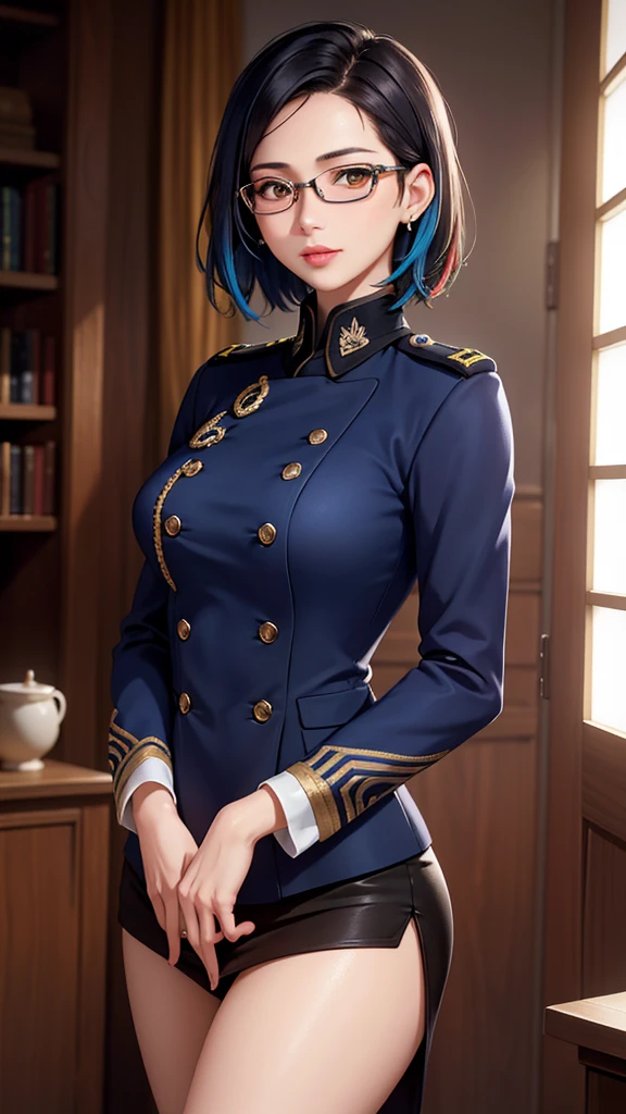 Beautiful young girl with blue short hair, A light smile, Brown eyes, hair clips, lips, Stud earrings, Semi-rimless eyewear, , Big butt but small breasts, (Highest quality,4K,8K,High resolution,masterpiece:1.2),Very detailed,(Realistic,photoRealistic,photo-Realistic:1.37),Very detailed顔, Very detailed目と顔, Long eyelashes, Beautiful attention to detail, beautiful detailed lips, Concept Art, Cinema Lighting, Vibrant colors, a beautiful girl in military uniform,short wavy hair,glasses,busty,detailed face,beautiful eyes,beautiful lips,highly detailed,photorealistic,8K,masterpiece,studio lighting,dynamic pose,intricate details,dramatic lighting,cinematic atmosphere,vibrant colors,elegant,powerful,confident((Women's military uniform、Formal wear))