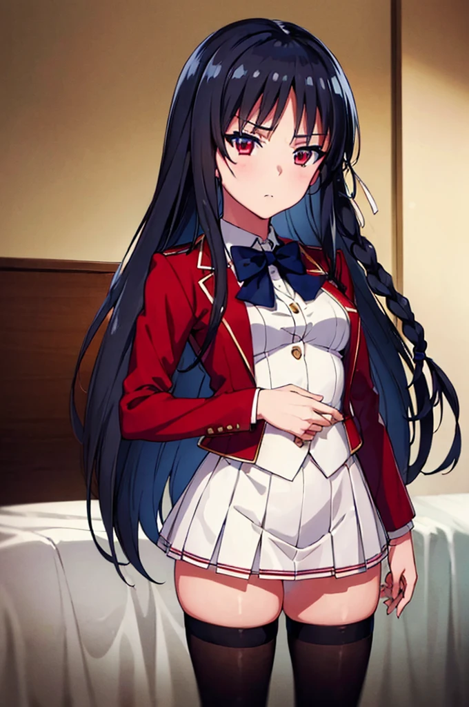 (masterpiece, best quality:1.5), (ultra detailed:1.3), super fine illustration, (official art:1.2), (anime screencap:1.2), detailed beautiful face and eyes, anime keyvisual, perfect anatomy, 8k portrait, 
1girl,
Suzune Horikita, 
Suzune Horikita \(youjitsu\),
long hair, braid, 
black hair, 
(red eyes, slant eyes, small eyes), 
blue bow, 
medium breasts, 
red jacket, pleated white skirt, black thigh-high socks,
looking at viewer, 
full body, 
perfect light, background of indoors, dynamic pose, 