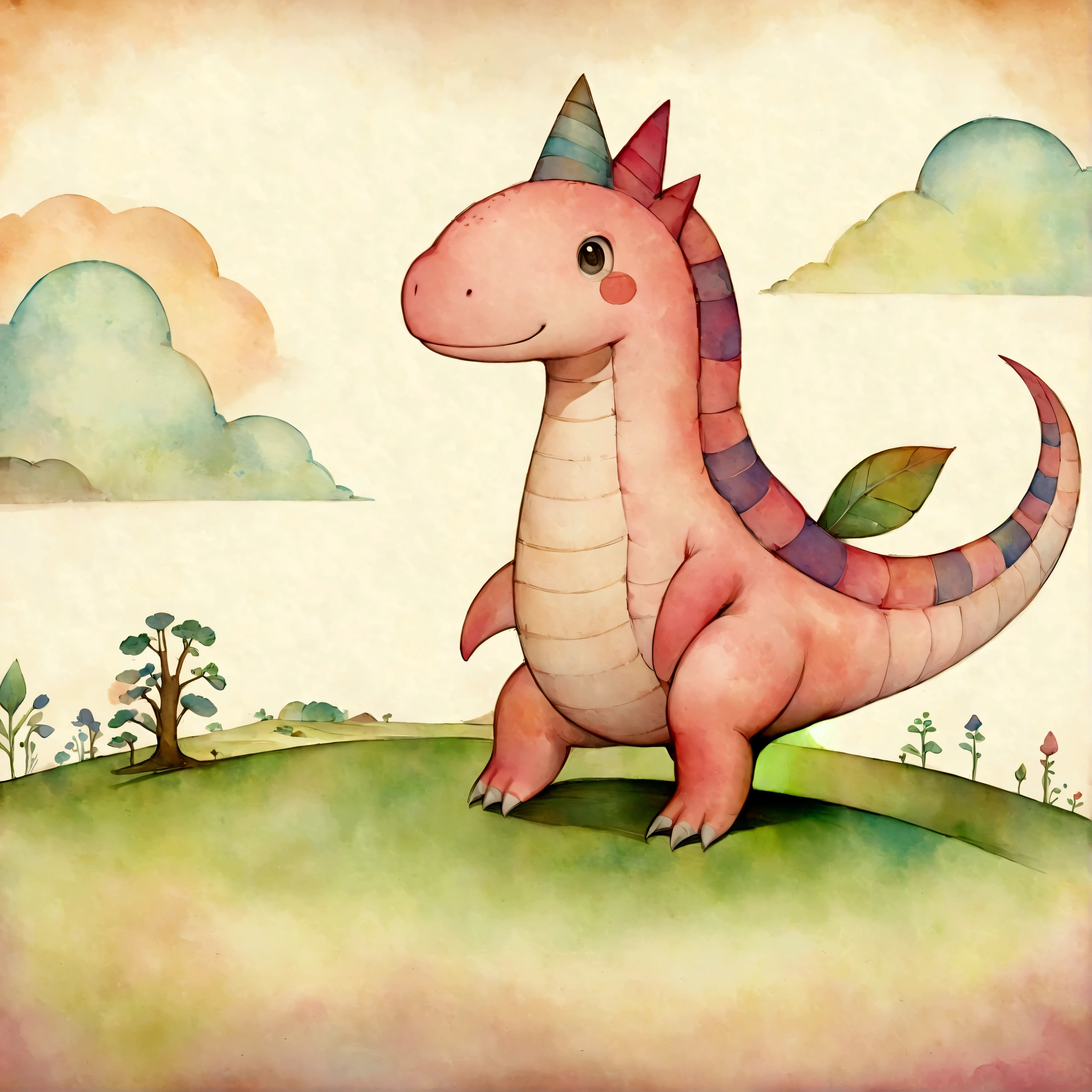Fixes,An illustration,pink dinosaur,cute illustration,surreal,artwork,Expressively,This is an illustration that looks like a picture book illustration.,draw with thick lines,Please draw with a gentle touch,Draw with pencil and watercolors,Gabriel Pacheco Style page,anatomically correct,perfect anatomy,structurally correct,Optimal Configuration,Draw carefully to the details