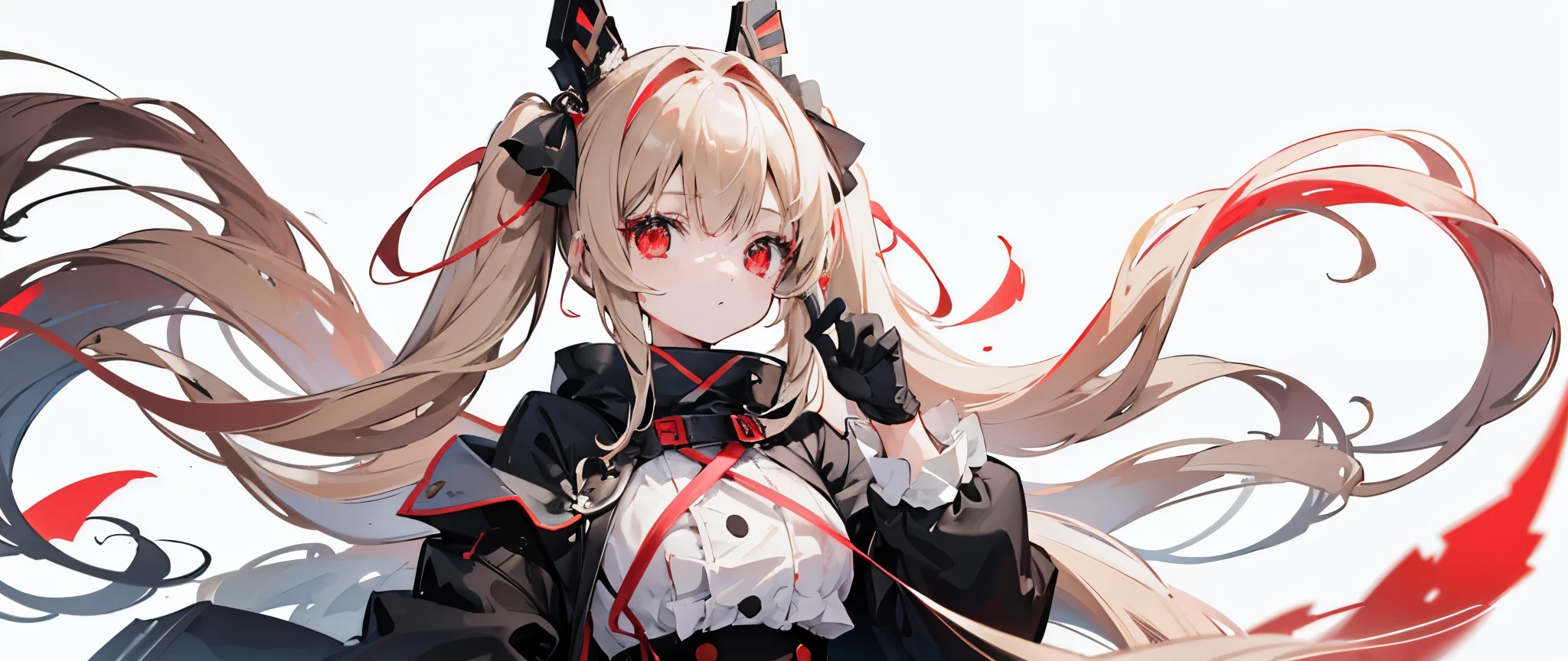 One girl、Hair colorbeige、Red eyes、Twin tails、Long Hair、Simple hair ribbon、Monochrome clothes、Large coat、Black gloves、Simple background、Shorts、