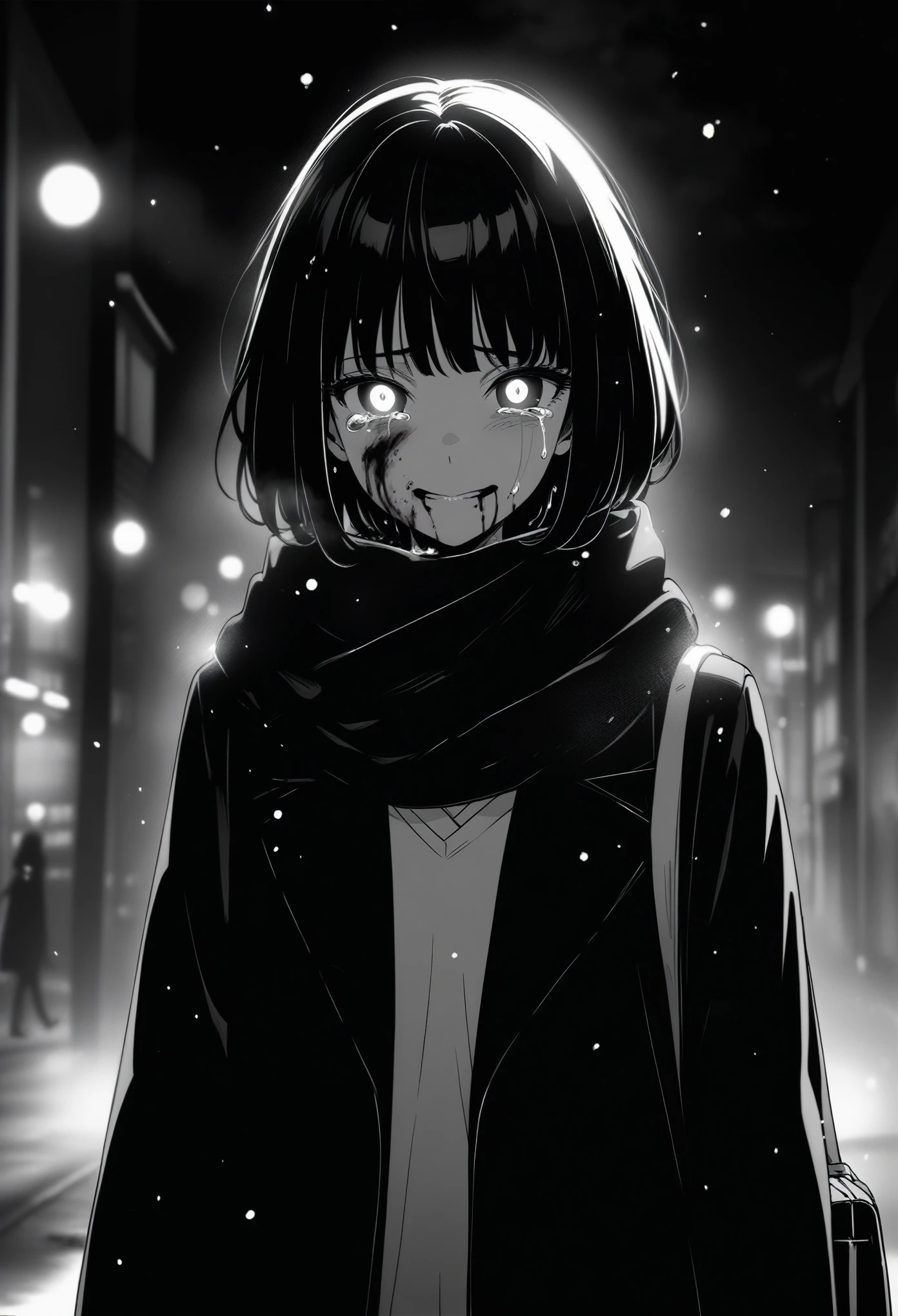 masterpiece, best quality, 1girl, momose_(oqo) official art, grayscale, manga style, japanese, chi no wadachi, black eyes, glowing white pupils, street, iced, black hair, schoolbag, smile, crying, tears, tears streaming, blood, blood_from_mouth, bruise, nosebleed, lineart, face against the ground, looking at viewer, blood on face, black coat, black scarf, 35 years old, mature_female:1, tall, fair skinned, bokeh background, streaming, bob cut, light particles, centered, snowing, emotional anime scene, (very aesthetic, best quality, ultra detailed), intricate details, red and blue lights flashing, camera glare, finger_gun:2.5
