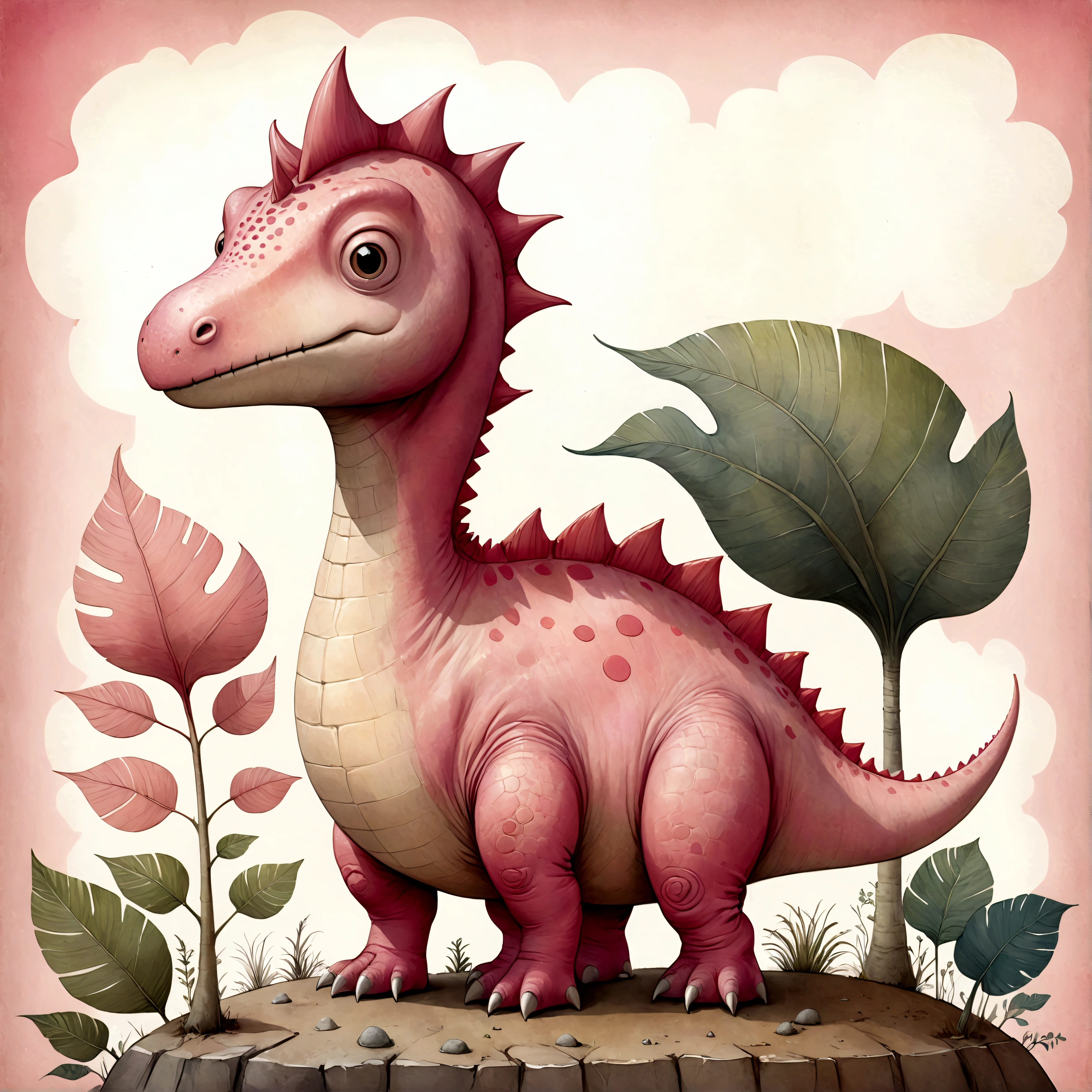 An illustration,pink dinosaur,cute illustration,surreal,artwork,Expressively,This is an illustration that looks like a picture book illustration.,draw with thick lines,Please draw with a gentle touch,Draw with pencil and watercolors,Gabriel Pacheco Style page,anatomically correct,perfect anatomy,structurally correct,Optimal configuration,Draw carefully to the details