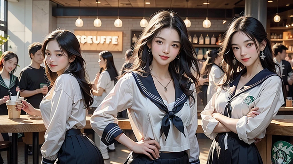 8K、RAW Photos、Highest quality、Super detailed、Super Resolution、Ultra HD、8K壁紙、Amazing details
(((Inside the Starbucks store、16 year old high school girl in sailor suit)))、Eat cake、Drink coffee、smile、Heart Necklace((Emphasize cleavage))
(Full body photo)
