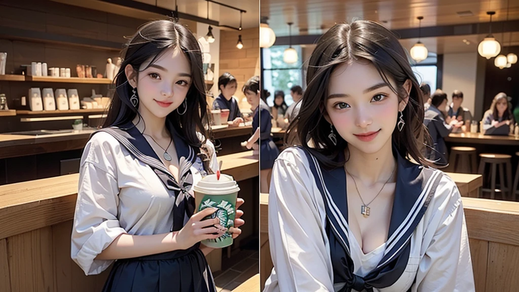 8K、RAW Photos、Highest quality、Super detailed、Super Resolution、Ultra HD、8K壁紙、Amazing details
(((Inside the Starbucks store、16 year old high school girl in sailor suit)))、Eat cake、Drink coffee、smile、Heart Necklace((Emphasize cleavage))
(Full body photo)