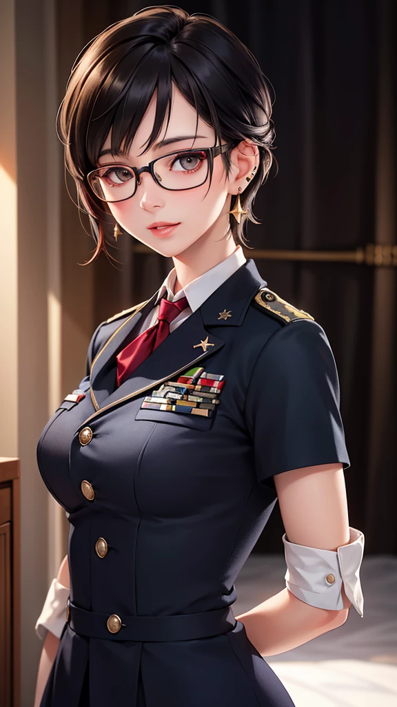 Beautiful young girl with blue short hair, A light smile, Brown eyes, hair clips, lips, Stud earrings, Semi-rimless eyewear, , Big butt but small breasts, (Highest quality,4K,8K,High resolution,masterpiece:1.2),Very detailed,(Realistic,photoRealistic,photo-Realistic:1.37),Very detailed顔, Very detailed目と顔, Long eyelashes, Beautiful attention to detail, beautiful detailed lips, Concept Art, Cinema Lighting, Vibrant colors, a beautiful girl in military uniform,short wavy hair,glasses,busty,detailed face,beautiful eyes,beautiful lips,highly detailed,photorealistic,8K,masterpiece,studio lighting,dynamic pose,intricate details,dramatic lighting,cinematic atmosphere,vibrant colors,elegant,powerful,confident((Women's military uniform、Formal wear))