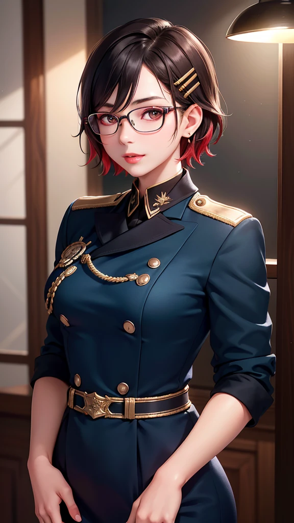 Beautiful young girl with blue short hair, A light smile, Brown eyes, hair clips, lips, Stud earrings, Semi-rimless eyewear, , Big butt but small breasts, (Highest quality,4K,8K,High resolution,masterpiece:1.2),Very detailed,(Realistic,photoRealistic,photo-Realistic:1.37),Very detailed顔, Very detailed目と顔, Long eyelashes, Beautiful attention to detail, beautiful detailed lips, Concept Art, Cinema Lighting, Vibrant colors, a beautiful girl in military uniform,short wavy hair,glasses,busty,detailed face,beautiful eyes,beautiful lips,highly detailed,photorealistic,8K,masterpiece,studio lighting,dynamic pose,intricate details,dramatic lighting,cinematic atmosphere,vibrant colors,elegant,powerful,confident((Women's military uniform、Formal wear))