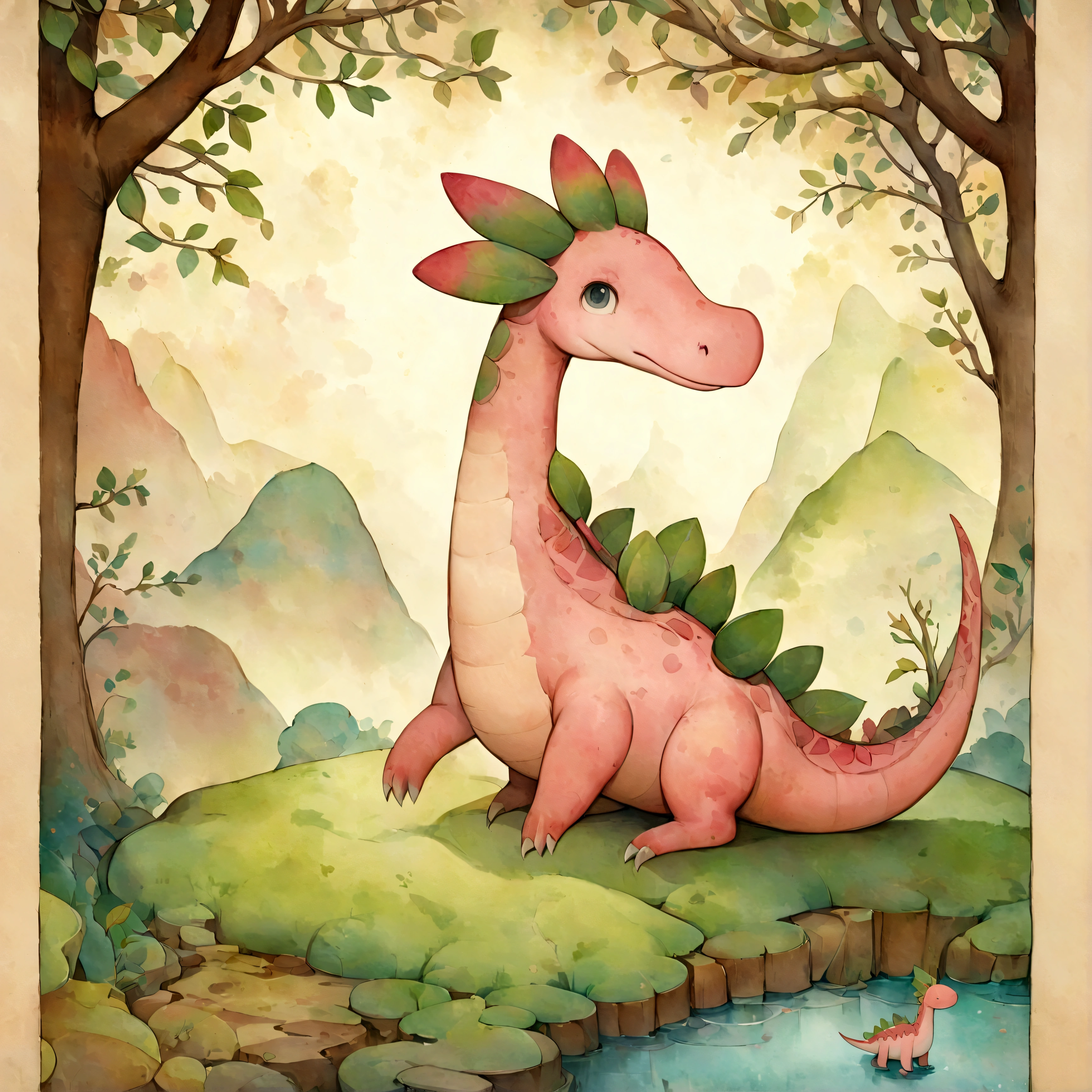 An illustration,pink dinosaur,cute illustration,surreal,artwork,Expressively,This is an illustration that looks like a picture book illustration.,draw with thick lines,Please draw with a gentle touch,Draw with pencil and watercolors,Gabriel Pacheco Style page,anatomically correct,perfect anatomy,structurally correct,Optimal configuration,Draw carefully to the details