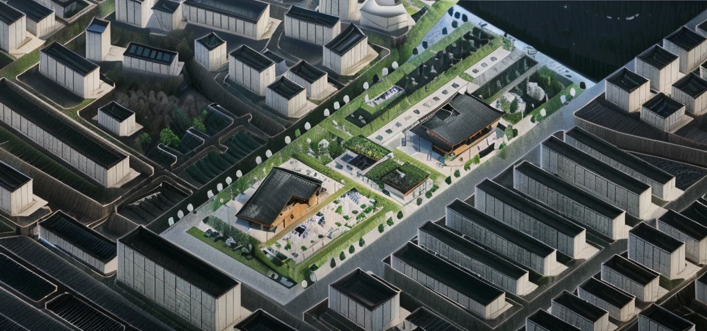 城市Aerial View,Highest quality,Chinese Ink Painting,antiquity,Rural buildings between mountains and rivers,Rectangular architecture,Glass facades,Clean sky,Clean glass,Trees,Soft sunlight,Decorative Arts,Sloped roof,Best quality,Architectural Photography,Photorealism,Hyperrealism,Ultra Detailed,V-ray,(architectural design),Aerial View