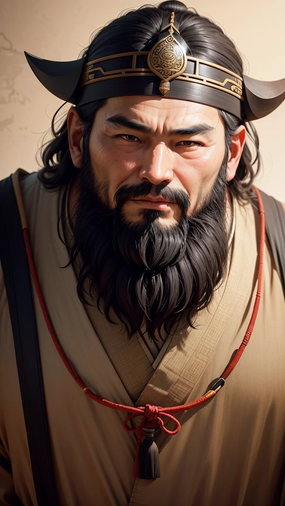 Eastern man, ancient Chinese thinker, full cheeks, beard, slanted eyes