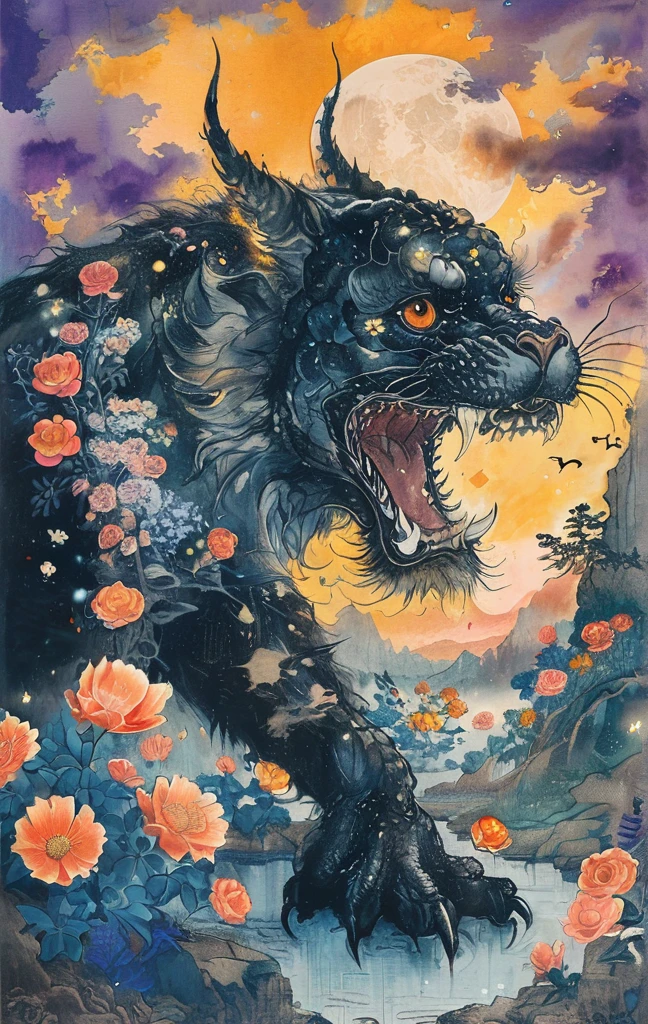 A white dragon lies in the middle of an endless field full of purple flowers, surrounded by snow-capped mountains and a blue sky sparkling with golden sunset rays. The whole scene is filled with a dreamy atmosphere, with vibrant colors and detailed background elements rendered in high resolution and detailed in a top quality illustration style. A girl with black hair and white eyes, dressed in dark , stands next to an anthropomorphic tiger, both looking at the camera. The background is adorned with intricate patterns of flowers and leaves., with a black color scheme, taken from a low angle shot, with high resolution and high detail, a masterpiece、((highest quality)),(ultra high resolution),(Super detailed),(detailed description),((The best CG)),(best work of art),super precision art,amazing drawing art,(Fantasy art with intricate detail:1.5), (Female Devil:1.6),(A beautiful face with a hint of madness:1.6),(disaster々New tattoo:1.4),(stiletto heels:1.6), (Blasphemous Magic Circle:1.8), Skull Moon, bat,