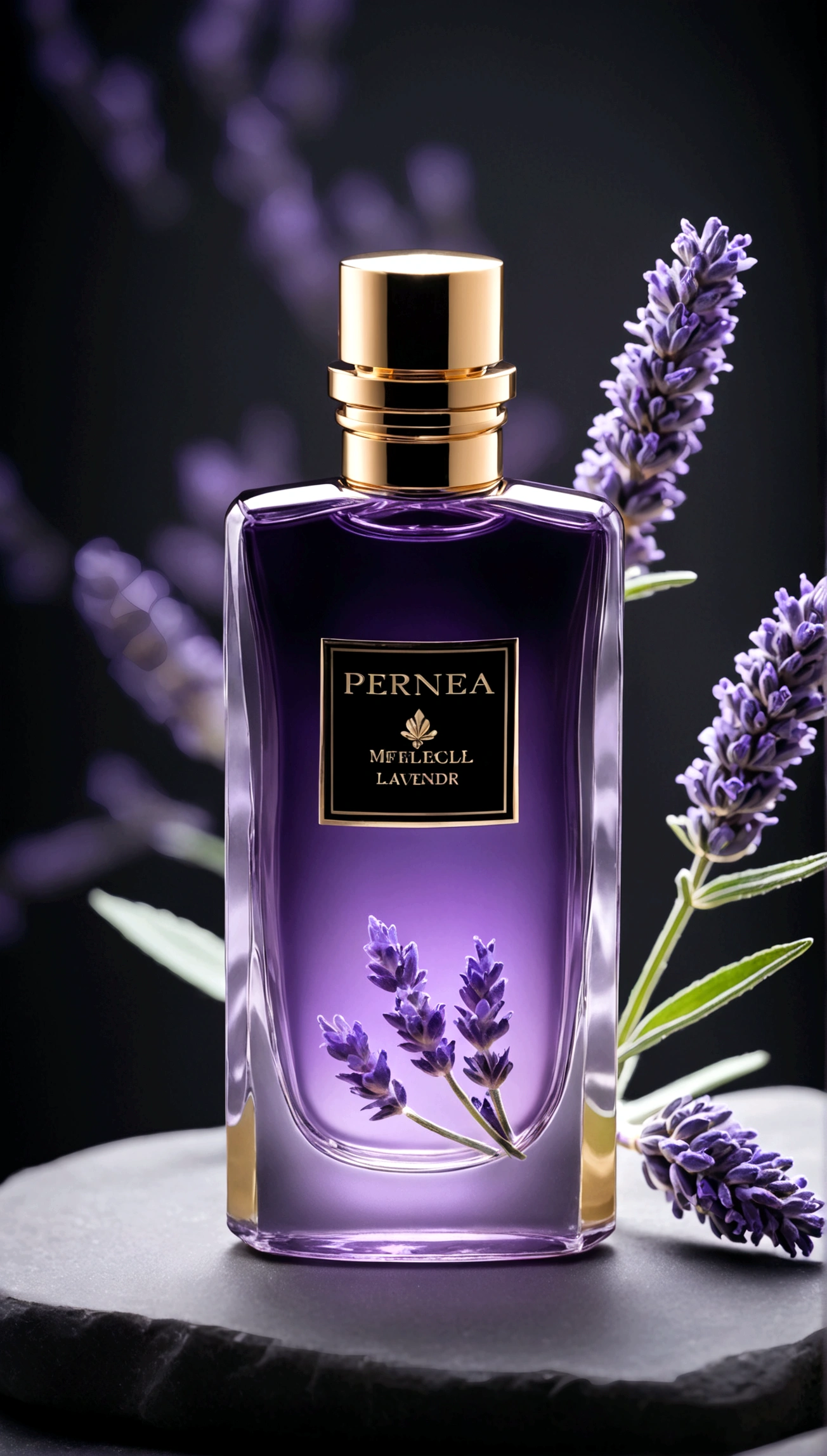perfume with lavender flower, stylish perfume, man perfumes, perfume stands on a stone, stylish perfume, strict aura, blurred background, dark background