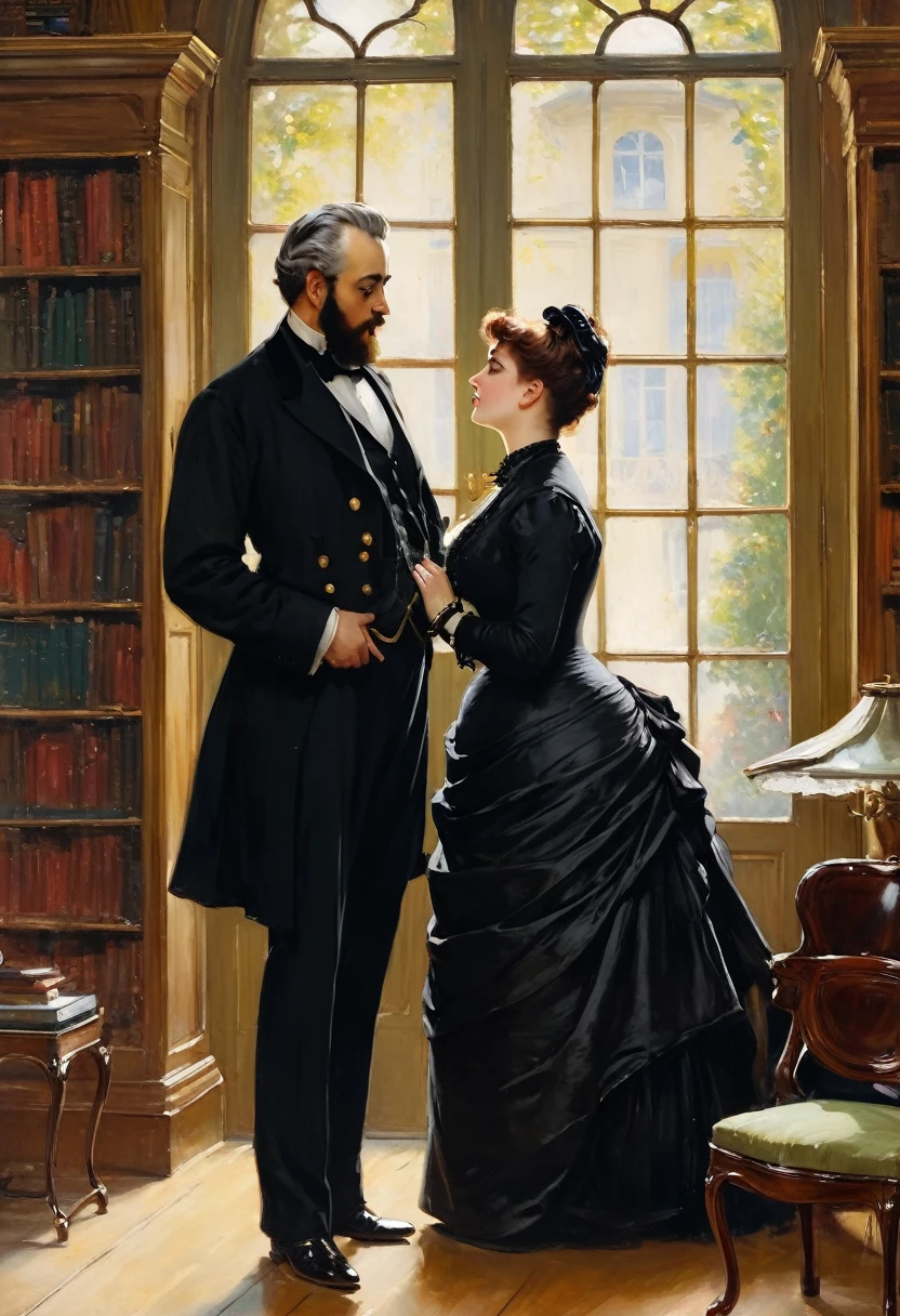 Full body view, a tall voluptuous buxom, fully figured, mature victorian widow in a black dress having a intimate conversation with a young gentleman in the library, by Jean Béraud, inspired by Jean Béraud, inspired by Édouard Detaille, edouard leon cortes, inspired by Ivan Kramskoi, inspired by Jean-Louis-Ernest Meissonier, by Édouard Detaille, inspired by Paul Émile Chabas