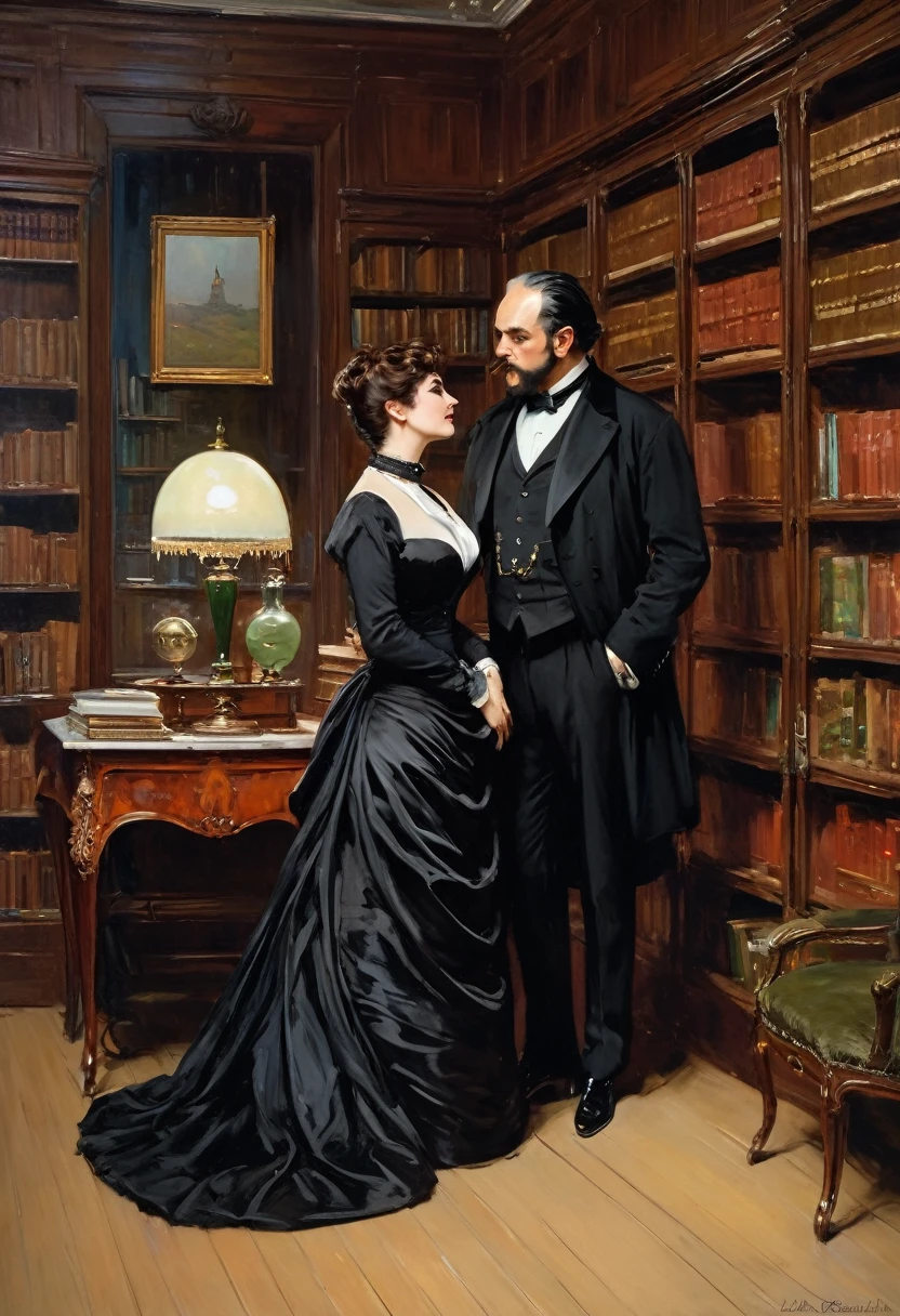Full body view, a tall voluptuous buxom, fully figured, mature victorian widow in a black dress having a intimate conversation with a young gentleman in the library, by Jean Béraud, inspired by Jean Béraud, inspired by Édouard Detaille, edouard leon cortes, inspired by Ivan Kramskoi, inspired by Jean-Louis-Ernest Meissonier, by Édouard Detaille, inspired by Paul Émile Chabas