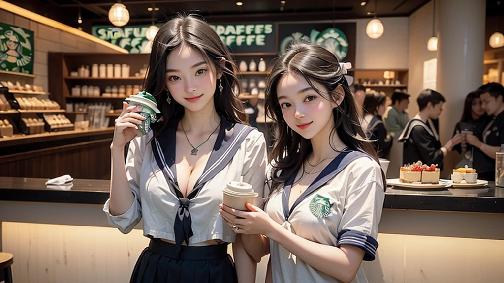 8K、RAW Photos、Highest quality、Super detailed、Super Resolution、Ultra HD、8K壁紙、Amazing details
(((Inside the Starbucks store、 high school girl in sailor suit)))、Eat cake、Drink coffee、smile、Heart Necklace((Emphasize cleavage))
(Full body photo)
