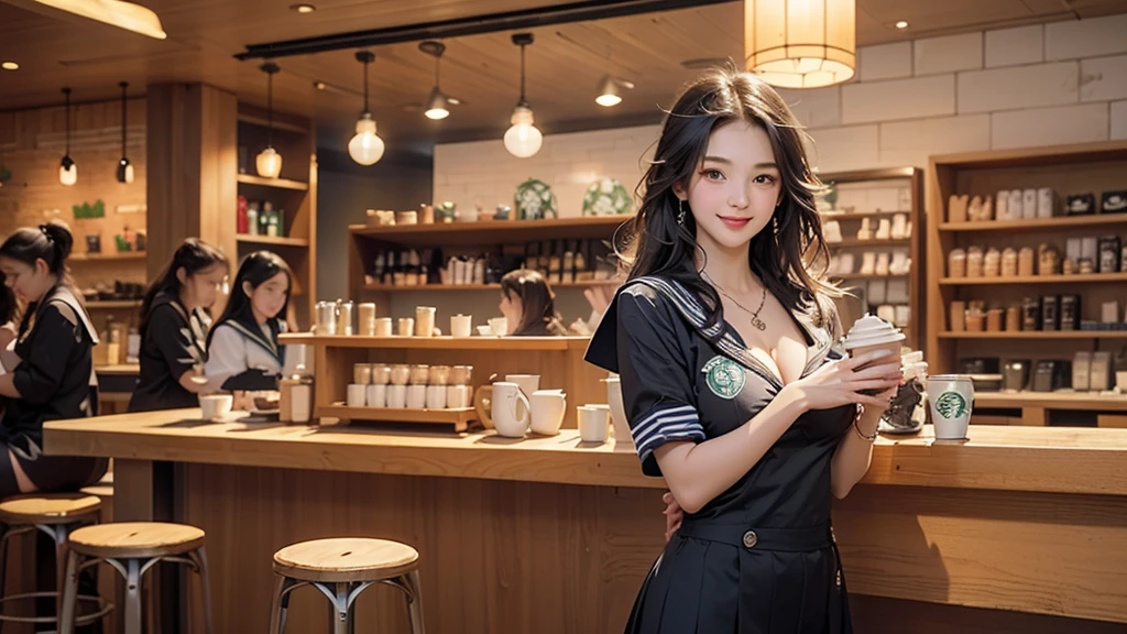 8K、RAW Photos、Highest quality、Super detailed、Super Resolution、Ultra HD、8K壁紙、Amazing details
(((Inside the Starbucks store、16 year old high school girl in sailor suit)))、Eat cake、Drink coffee、smile、Heart Necklace((Emphasize cleavage))
(Full body photo)