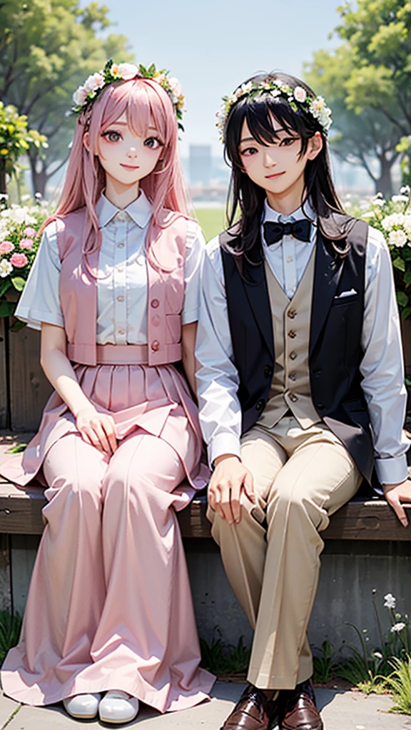 this is a picture of a couple that are sitting sitting next to each other, shirt, 1girl,  hair, smile, sitting, white shirt, flower, outdoors, pink skirt, looking at another, pants, white flower, 2boys, skirt, day, long hair, head wreath, collared shirt, vest