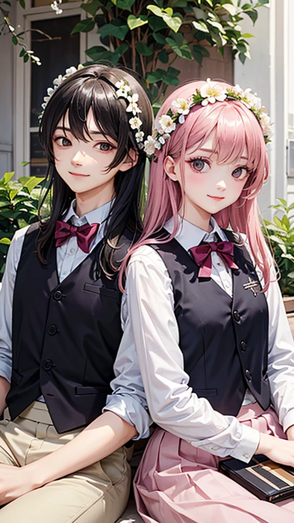 this is a picture of a couple that are sitting sitting next to each other, shirt, 1girl,  hair, smile, sitting, white shirt, flower, outdoors, pink skirt, looking at another, pants, white flower, 2boys, skirt, day, long hair, head wreath, collared shirt, vest