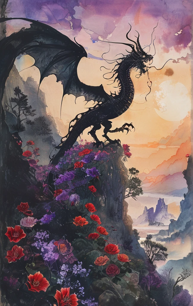 A white dragon lies in the middle of an endless field full of purple flowers, surrounded by snow-capped mountains and a blue sky sparkling with golden sunset rays. The whole scene is filled with a dreamy atmosphere, with vibrant colors and detailed background elements rendered in high resolution and detailed in a top quality illustration style. A girl with black hair and white eyes, dressed in dark , stands next to an anthropomorphic tiger, both looking at the camera. The background is adorned with intricate patterns of flowers and leaves., with a black color scheme, taken from a low angle shot, with high resolution and high detail, a masterpiece 、(Highest quality,4K,8K,High resolution,masterpiece:1.2),Super detailed,(Realistic,photoRealistic,photo-Realistic:1.37),Hot thick succubus mom with long black hair, deep black lips, She wears a revealing black leather outfit with BDSM themes.. Her outfit consists of a seductive bustier, accentuate her voluptuous figure. Her skin is a captivating shade of fiery red, Exudes a devilish charm. A pair of majestic demon wings gracefully grow from her back., Intricately detailed and intricately painted patterns. On her head, She has enchanted tiefling horns, Embodying her other-dimensional existence. The artwork should capture her captivating aura., Showing her confidence and strength. The lighting in the scene should accentuate the seductive curves of her body., Project dramatic shadows and highlights. The color palette should evoke a sense of darkness and desire., Rich black contrast, red, deep chestnut color.
