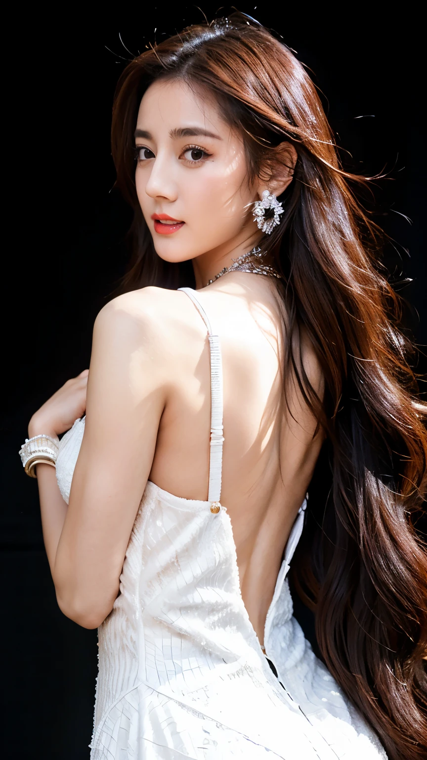 Ultra HD resolution，artistic photos，Photography，21year girl,earrings,long hair,Black background,Black backless dress,necklace,cowboy shot,H cup，Showing cleavage，Expose more breasts，Amazing breast size，Erect nipples，Expose the areola，Bigger breasts，Smooth and beautiful back，Completely bare back，Cold white skin，Big buttocks，White tulle dress，Messy hair，Windblown hair，Translucent clothing，Ruddy face，More transparent clothes