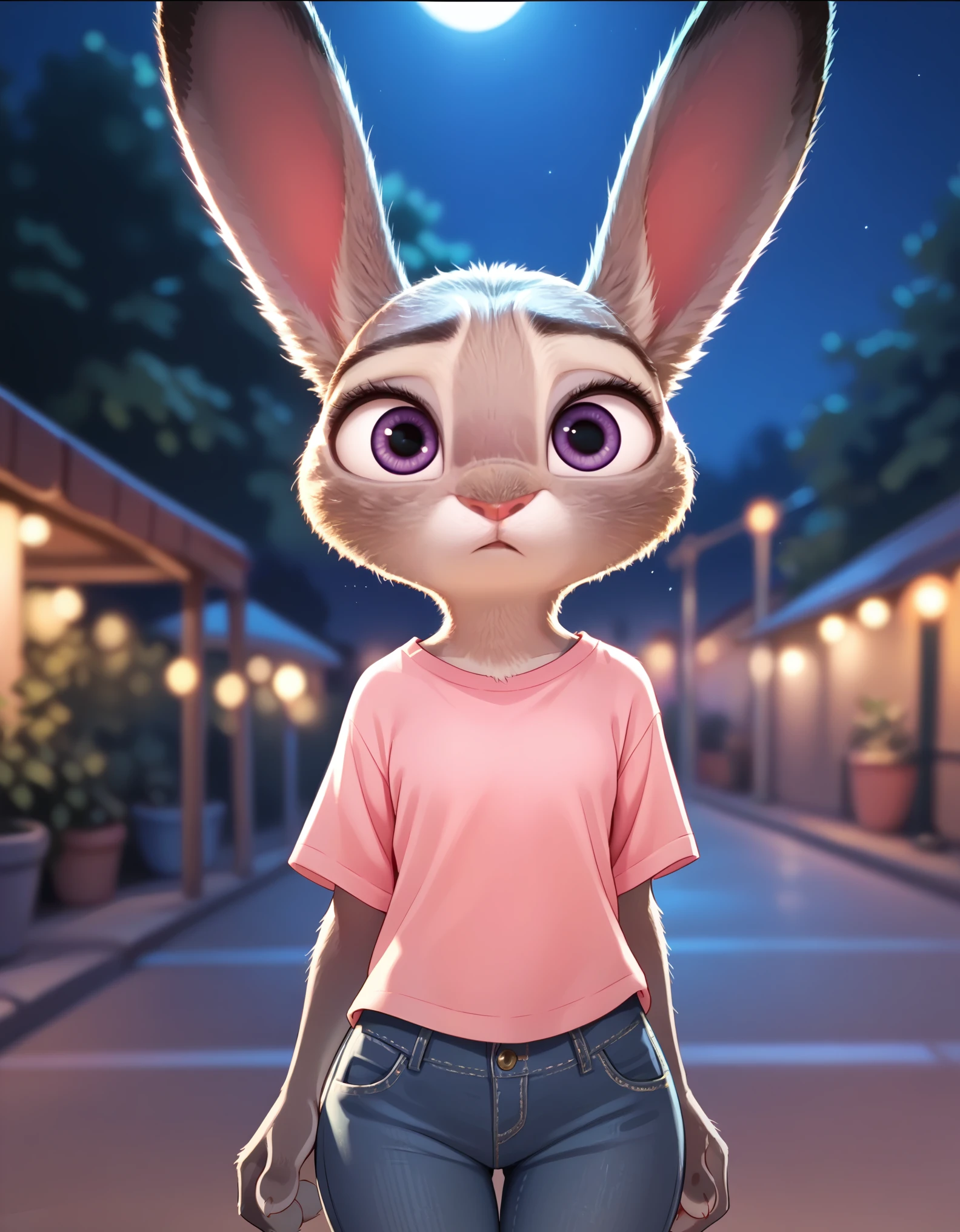 score_9, score_8_up, score_7_up, score_6_up, source_furry, judyhopps confused, dark, night, backlighting, solo, pink shirt, jeans, arms at sides, front view, portrait 