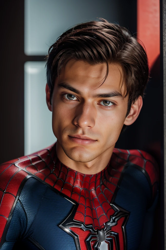 A photograph of spider man, no mask, 20 yo, handsome, detailed face, looking at camera, portrait, 8k uhd, high quality