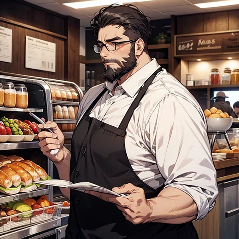 1 male, dilf, 45 years old, bara, wrinkles, glasses, big guy, muscles, black hair, some beard, office uniform, blushing, cafeteria background, barista, some white hairs