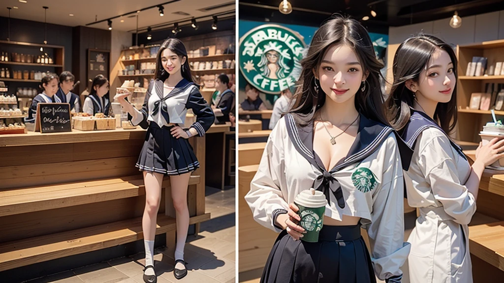 8K、RAW Photos、Highest quality、Super detailed、Super Resolution、Ultra HD、8K壁紙、Amazing details
(((Inside the Starbucks store、 high school girl in sailor suit)))、Eat cake、Drink coffee、smile、Heart Necklace((Emphasize cleavage))
(Full body photo)
