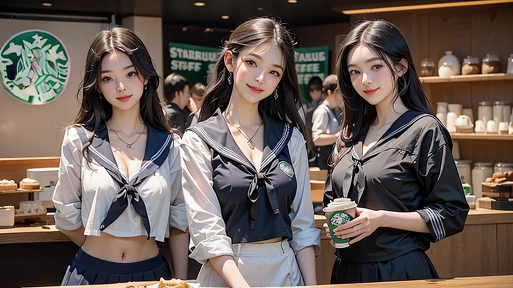 8K、RAW Photos、Highest quality、Super detailed、Super Resolution、Ultra HD、8K壁紙、Amazing details
(((Inside the Starbucks store、16 year old high school girl in sailor suit)))、Eat cake、Drink coffee、smile、Heart Necklace((Emphasize cleavage))
(Full body photo)
