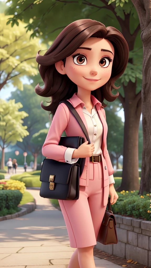 Woman. dark hair. eyes browns, wearing formal, walking in a park. smirk on face, a bag with magazines, libero, light pink lipstick, happy looking