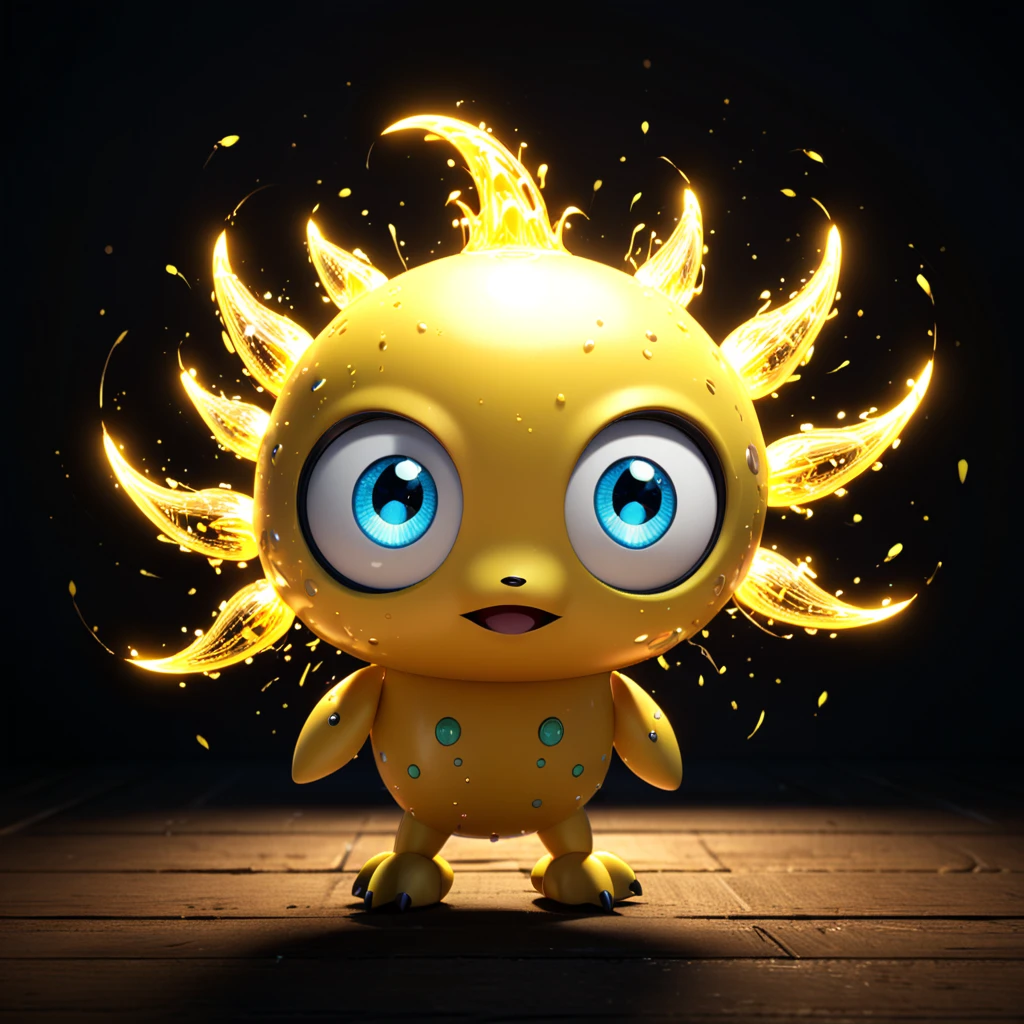 [でんき]
A cute electric monster with big eyes and a glowing body, happily buzzing around and lighting up a dark room. The cartoon character is designed in the style of Pixar animation studio, created using C4D software. It has an adorable yellow color scheme and showcases a playful expression with sparks flying around. --ar 1:1 --v 6.0 --3D render