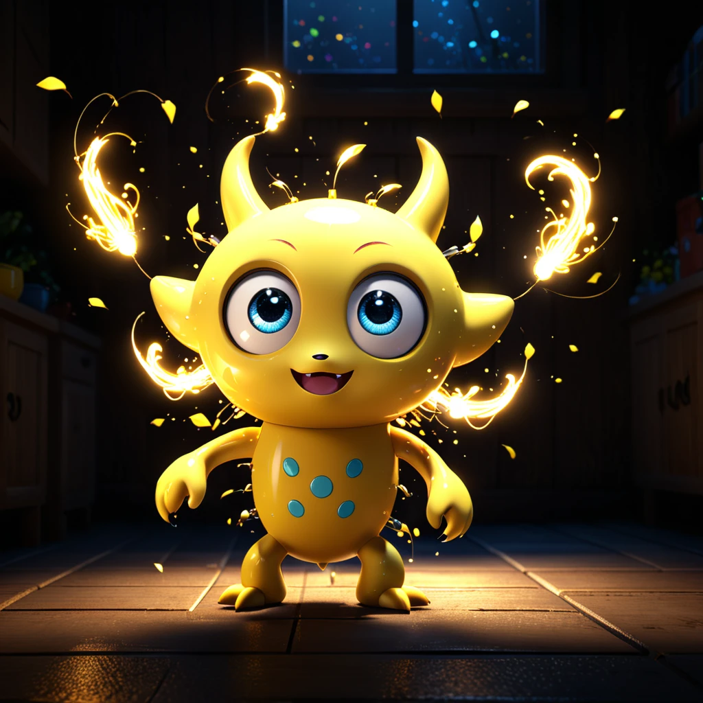 [でんき]
A cute electric monster with big eyes and a glowing body, happily buzzing around and lighting up a dark room. The cartoon character is designed in the style of Pixar animation studio, created using C4D software. It has an adorable yellow color scheme and showcases a playful expression with sparks flying around. --ar 1:1 --v 6.0 --3D render