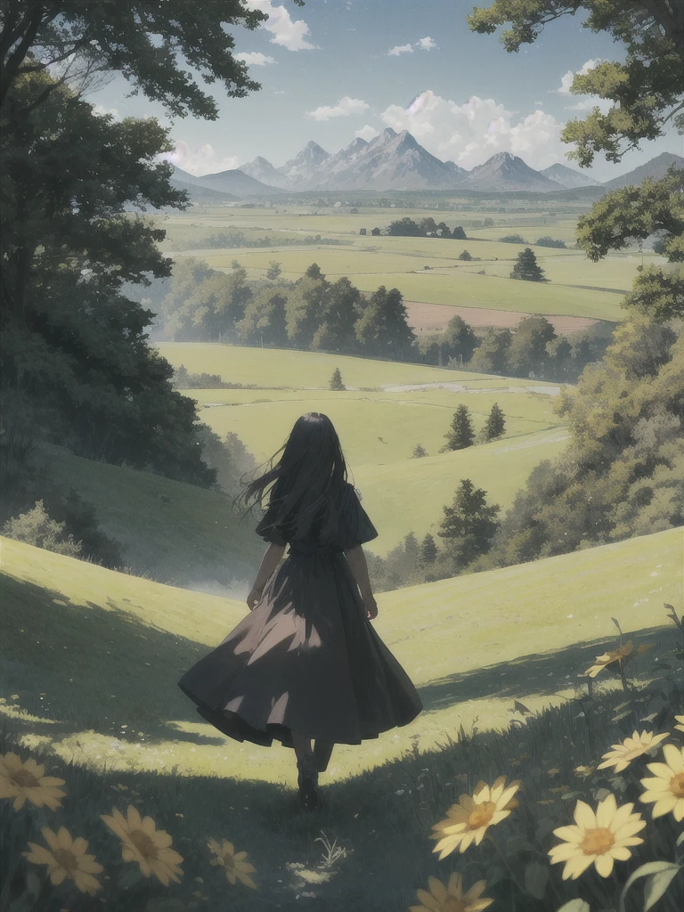 In a green meadow stands a girl leading a group of knights.
BREAK
With a brave expression, she guides them towards their destination.
BREAK
Behind her, a green forest stretches out and beyond that, mountains rise in the distance.
BREAK
The most suitable effect for this scene would be a watercolor painting technique to capture the softness of the meadow and the fluidity of the movement.