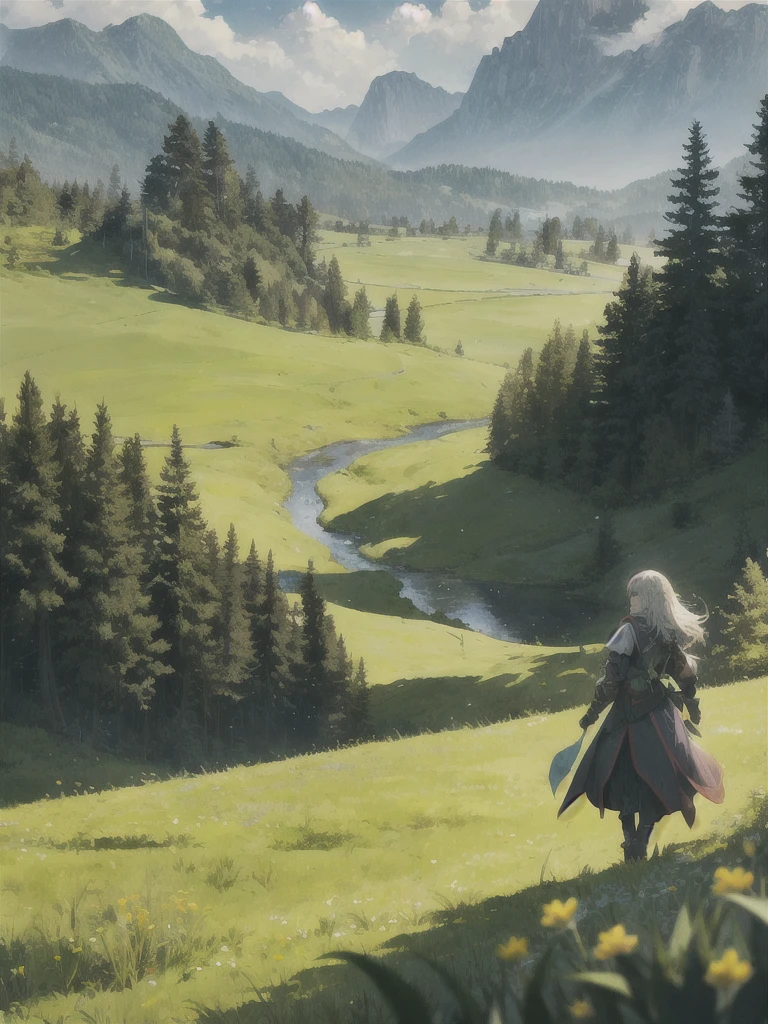 In a green meadow stands a girl leading a group of knights.
BREAK
With a brave expression, she guides them towards their destination.
BREAK
Behind her, a green forest stretches out and beyond that, mountains rise in the distance.
BREAK
The most suitable effect for this scene would be a watercolor painting technique to capture the softness of the meadow and the fluidity of the movement.