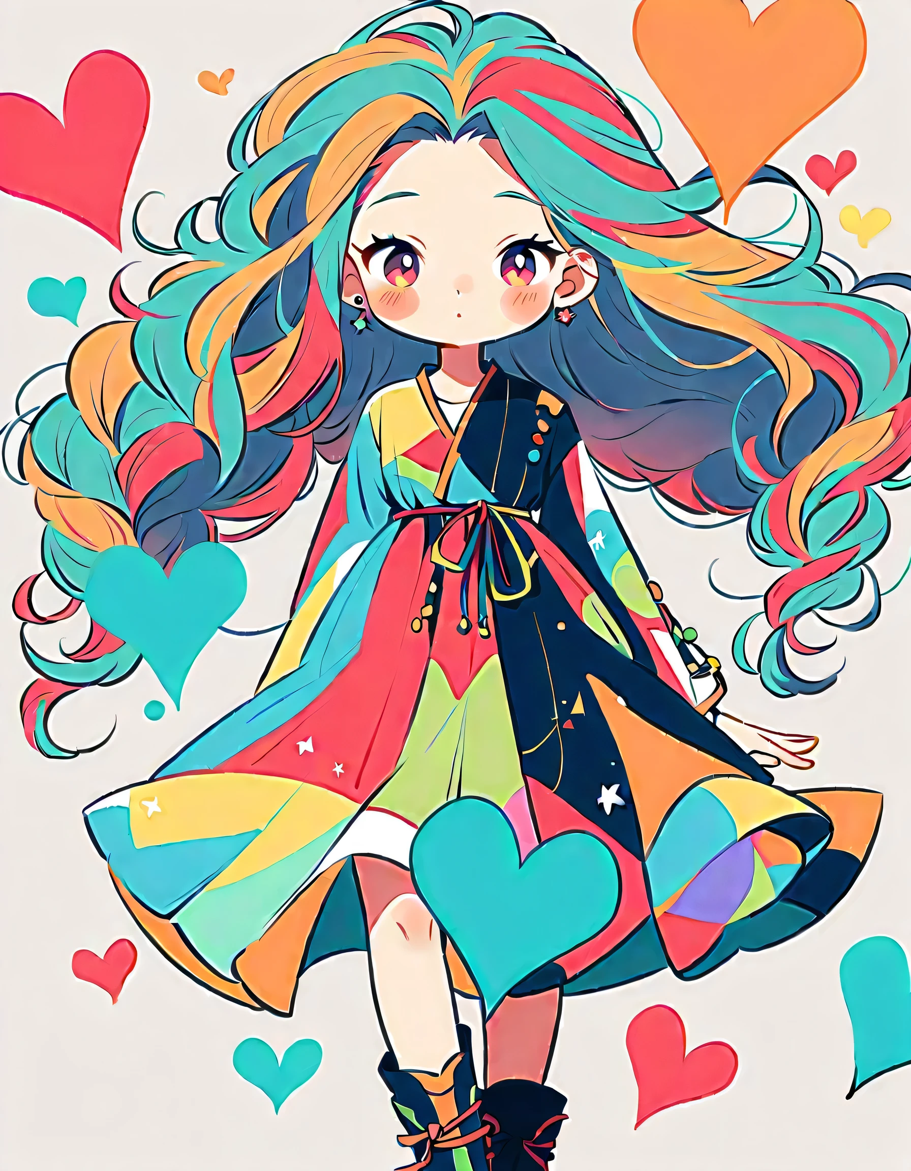 Black Star Red and White style, Simple Line Initialism，Abstract art，Urban Background, colorful hearts ,colorful hearts, (((The most beautiful girl of all time))), walking, Cute and colorful amoeba