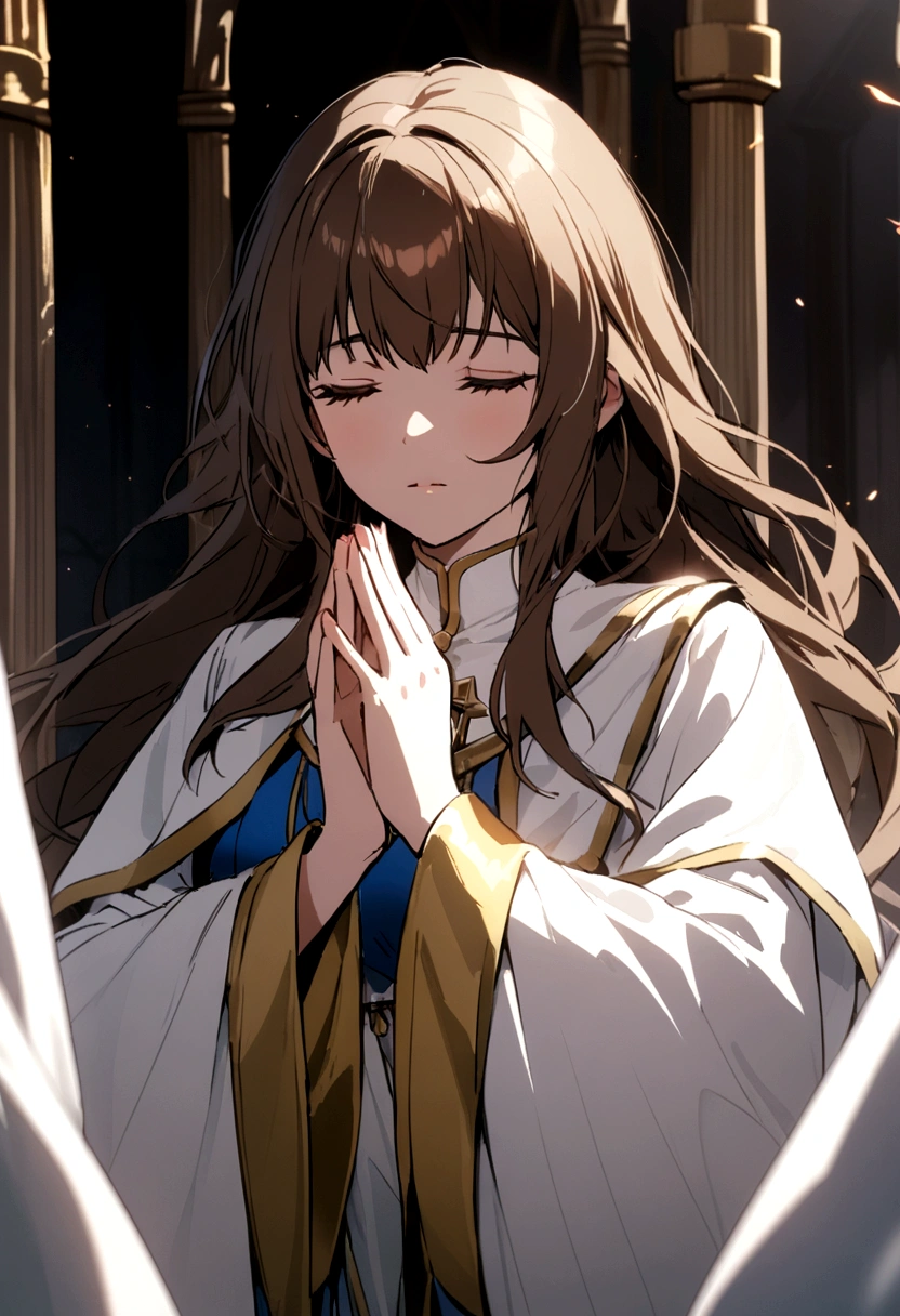 praying priestess dressed in white robes and brown hair