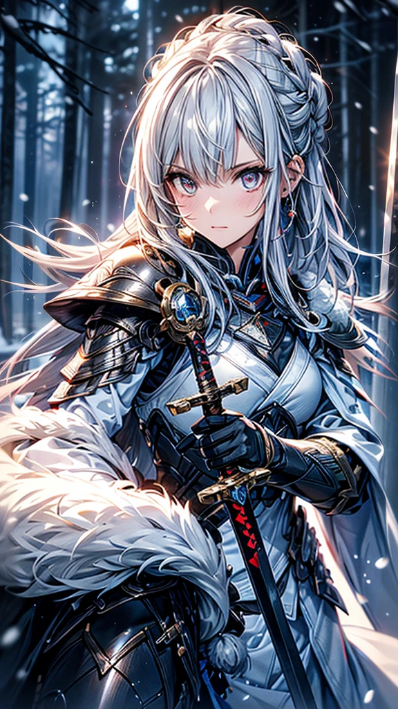 (Best Quality, 4k, High Definition), (Photorealistic, Physically Based Rendering), Girl, Armor: Simple, Winter, Fur, Holding Sword, Serious Expression, Vibrant Colors, Portrait, Sharp Focus, Work Room lights, detailed eyes, metallic texture, cold environment, forest background, falling snow, smoke effect, white hair, red eyes
