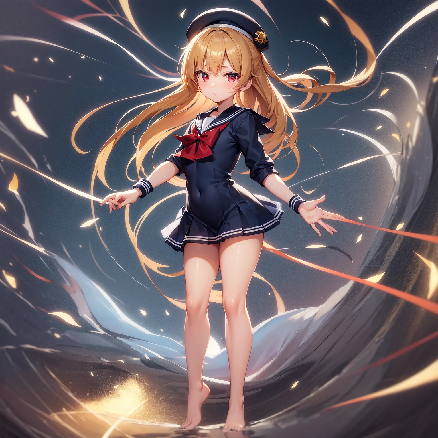 ((Sailor suit)),Big red ribbon,(Navy Mini Skirt),beret,Cute little loli,Tiny Lori,Small girl,,Childish face, Very fine clean face,Top quality, Big eyes,Straight Hair,Yellow hair,Crimson Eye,(Dark Room), Subtle light, Natural light,Soft lighting,Light from directly behind, (Are standing), Cute pose, Open your hands, Showing the whole body,Front view,Black background