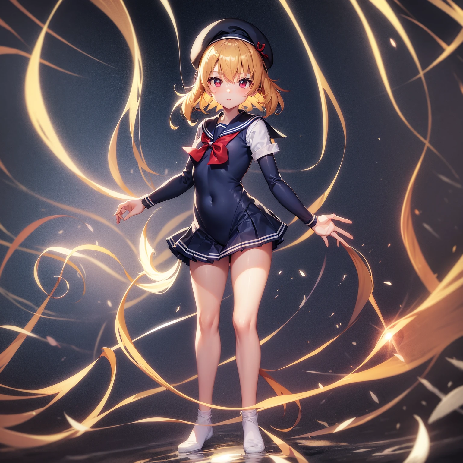 ((Sailor suit)),Big red ribbon,(Navy Mini Skirt),beret,Cute little loli,Tiny Lori,Small girl,,Childish face, Very fine clean face,Top quality, Big eyes,Straight Hair,Yellow hair,Crimson Eye,(Dark Room), Subtle light, Natural light,Soft lighting,Light from directly behind, (Are standing), Cute pose, Open your hands, Showing the whole body,Front view,Black background