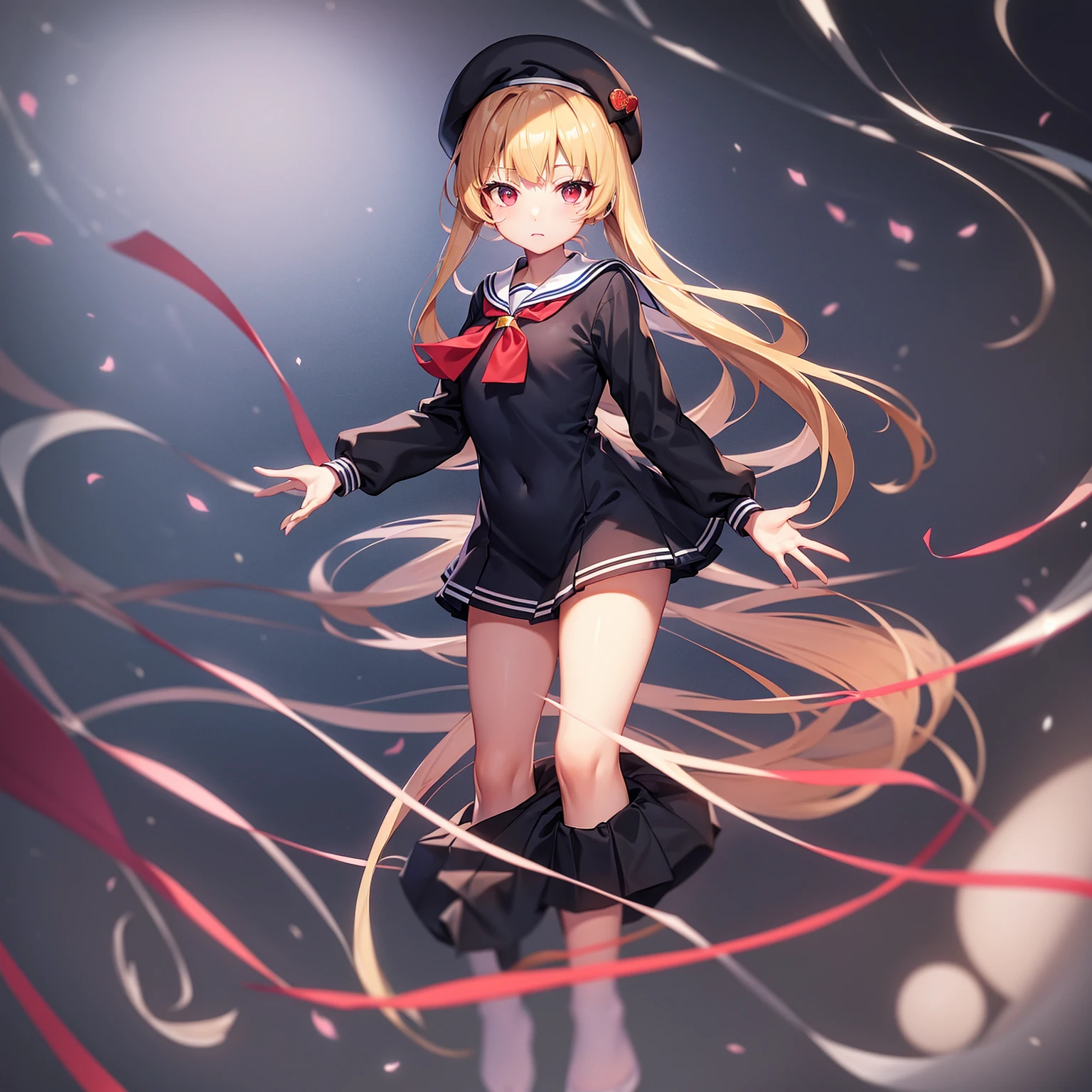 ((Sailor suit)),Big red ribbon,(Navy Mini Skirt),beret,Cute little loli,Tiny Lori,Small girl,,Childish face, Very fine clean face,Top quality, Big eyes,Straight Hair,Yellow hair,Crimson Eye,(Dark Room), Subtle light, Natural light,Soft lighting,Light from directly behind, (Are standing), Cute pose, Open your hands, Showing the whole body,Front view,Black background