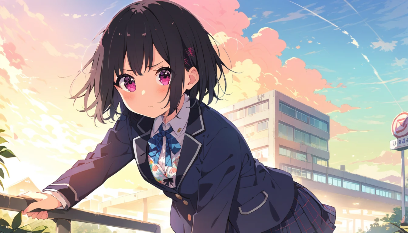 A girl in a blazer uniform, with short black hair, floral bra and floral panties, running with a blushing face, from head to toe、In front of the school building at dusk