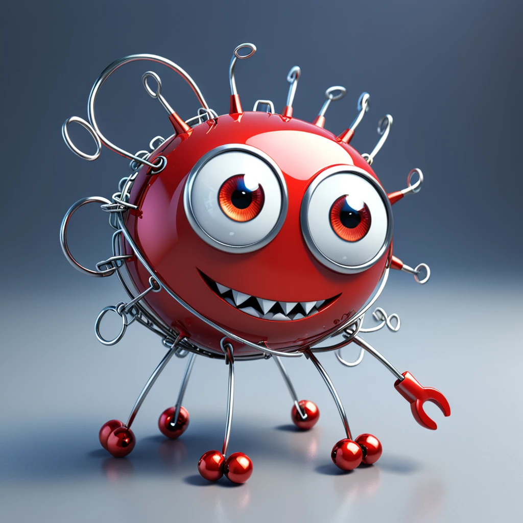 [じしゃく]
A cute magnetic monster with big eyes and a shiny surface, attracting various metal objects like paperclips and nails. The cartoon character is designed in the style of Pixar animation studio, created using C4D software. It has an adorable silver and red color scheme and showcases a curious expression as it plays with the metal objects. --ar 1:1 --v 6.0 --3D render