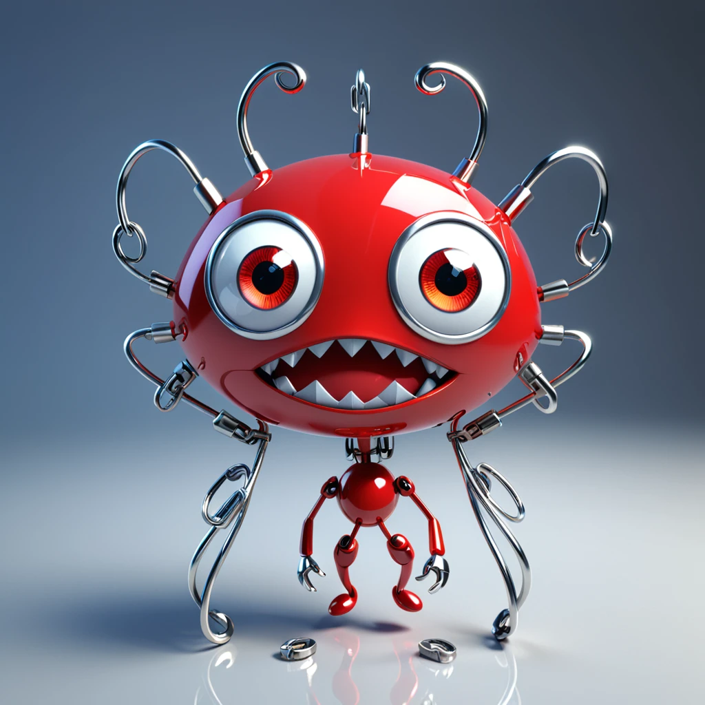 [じしゃく]
A cute magnetic monster with big eyes and a shiny surface, attracting various metal objects like paperclips and nails. The cartoon character is designed in the style of Pixar animation studio, created using C4D software. It has an adorable silver and red color scheme and showcases a curious expression as it plays with the metal objects. --ar 1:1 --v 6.0 --3D render