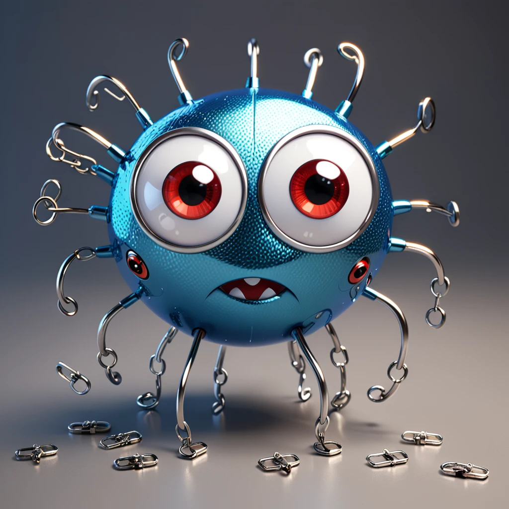 [じしゃく]
A cute magnetic monster with big eyes and a shiny surface, attracting various metal objects like paperclips and nails. The cartoon character is designed in the style of Pixar animation studio, created using C4D software. It has an adorable silver and red color scheme and showcases a curious expression as it plays with the metal objects. --ar 1:1 --v 6.0 --3D render