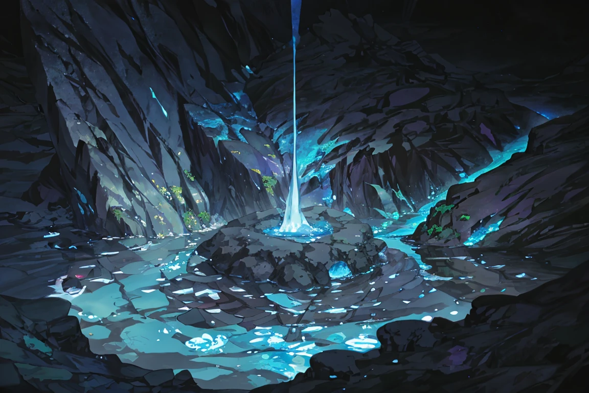 summer, blue lava rock area, blue lava rock, (illustration : 1.0), Narrative construction, realistic lighting, HD detail, masterpiece, best quality best, (Highly detailed CG integrated 8k wallpaper), wide and flat rocky area, small, sharp, rough rock at top of screen., Blue liquid flowing through a crevice in the rock,