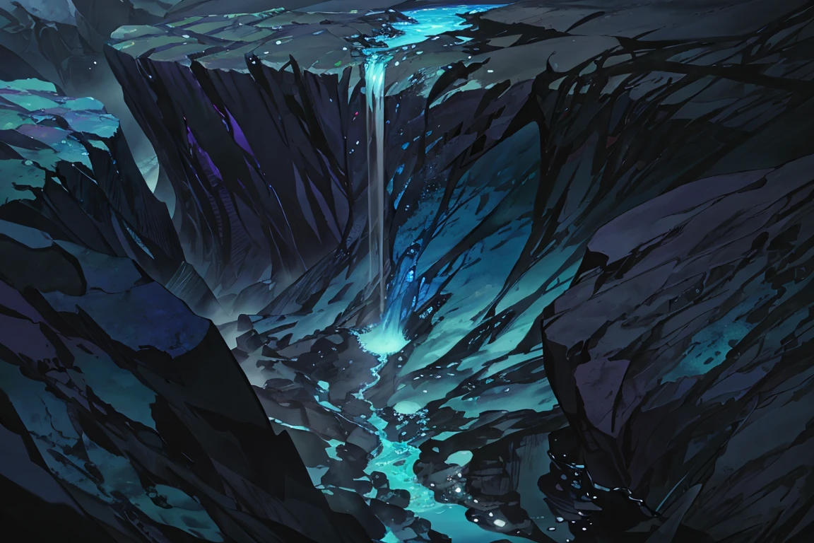 summer, blue lava rock area, blue lava rock, (illustration : 1.0), Narrative construction, realistic lighting, HD detail, masterpiece, best quality best, (Highly detailed CG integrated 8k wallpaper), wide and flat rocky area, small, sharp, rough rock at top of screen., Blue liquid flowing through a crevice in the rock,
