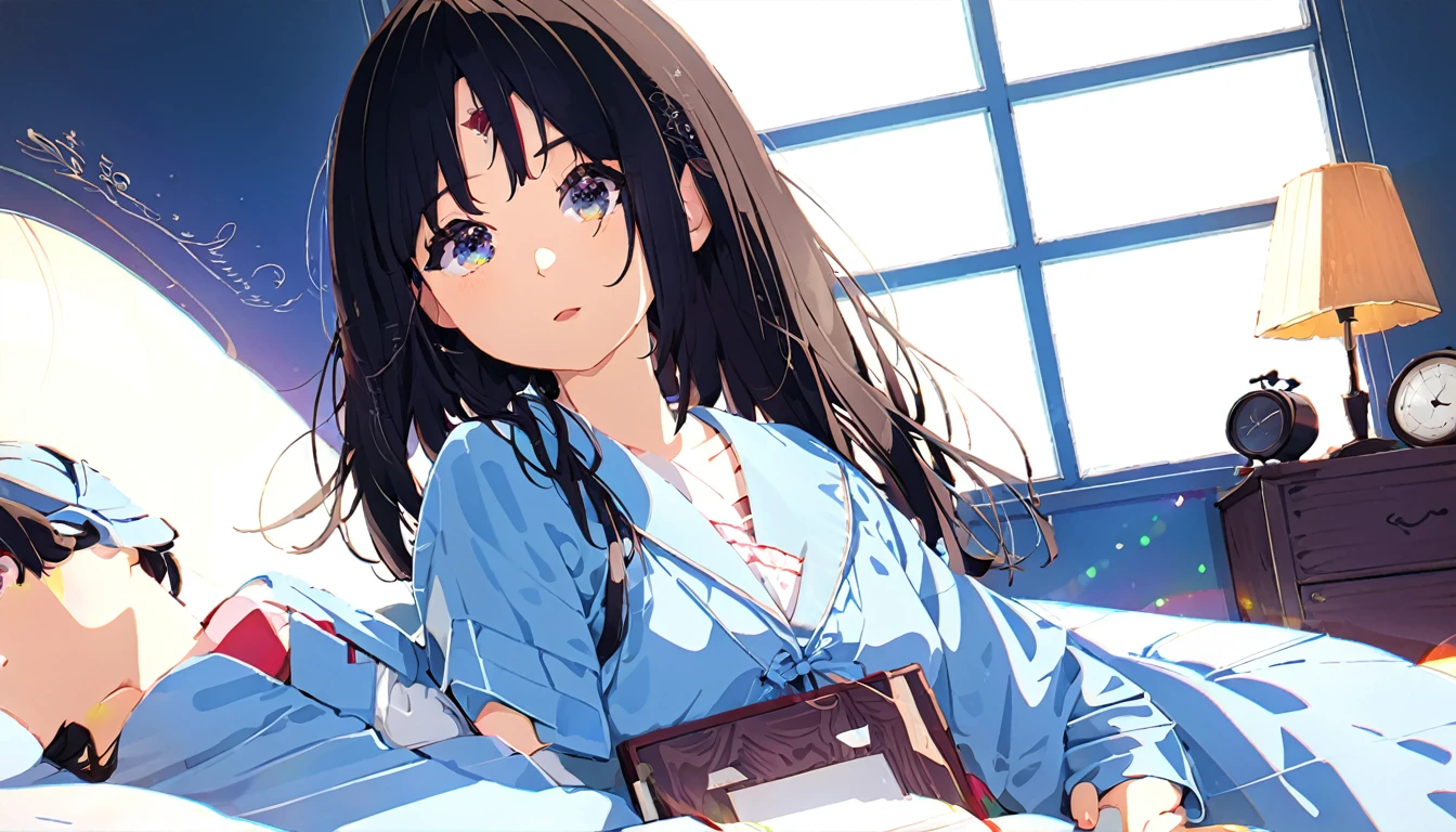 (Absurd:1.1, High resolution:1.1, 超detailed:1.1), 非常にdetailedな, 超detailed hair, (Fine grain:1.4), (Shining Eyes:1.3), thin, cute, Perfectly symmetrical face, narr○w waist, 超cute girl, 超cute face, 超cute, Super beautiful, Beautiful colors, merry (Yanmar gauge),From wlop,((Great quality)), (Beautiful legs),Sitting,music,Upper body rest (Beautiful colors,detailed,Highest quality,Great quality,so beautiful), pajamas, bed, Lighting and Shadows,(perspective),Lighting particles,colorful,masterpiece,