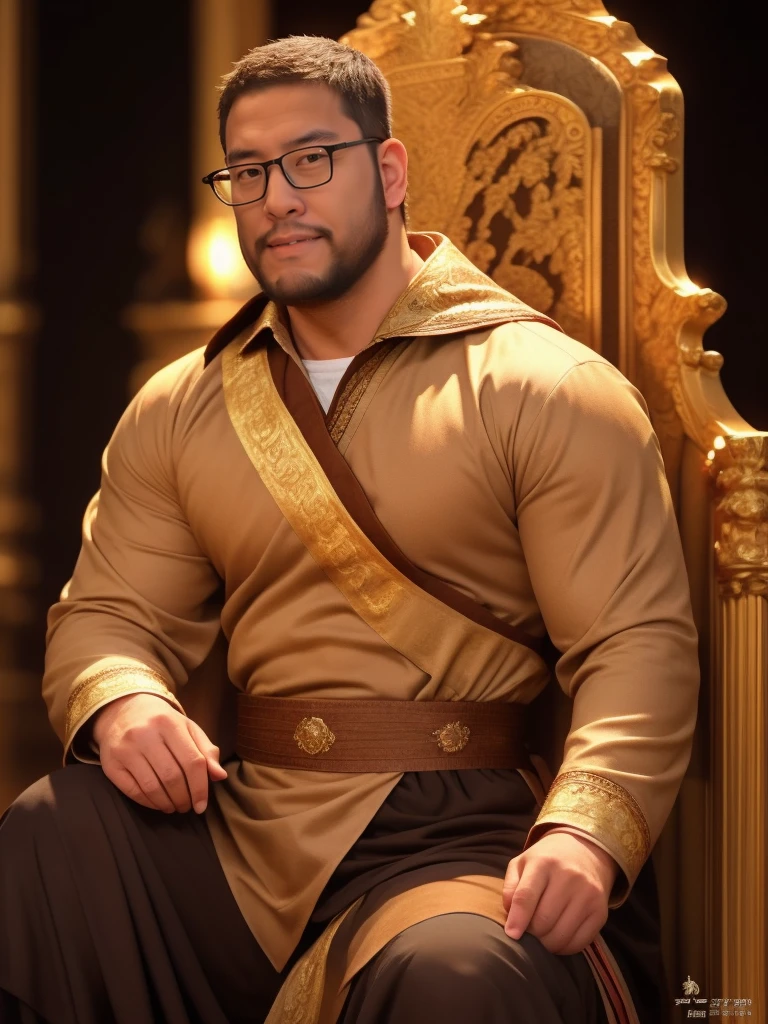 crew cut, (((full body))), mature man, [slightly fat], asian man, brown eyes, rounded face, glasses, slightly balding, (big shoulders), (((stubbles, Short beard))), (((full beard))), (Beautiful eyes:1.3), (Detailed face:1.3), king costume, in the royal palace, throne,